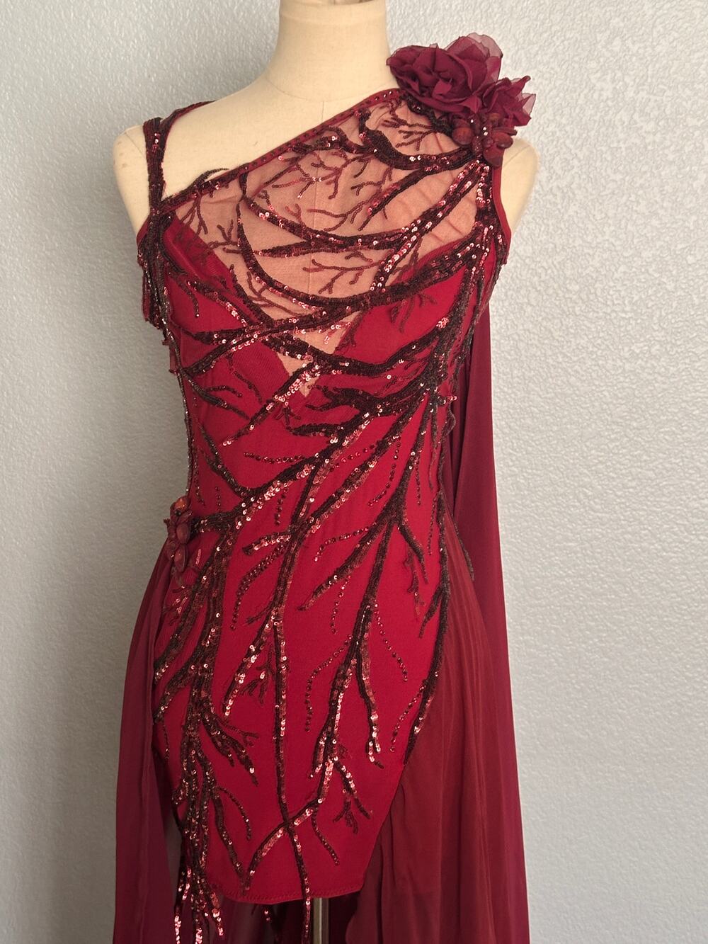 Burgundy Wine Sequin Evening Gown Chiffon Train Gala Dress XS/S
